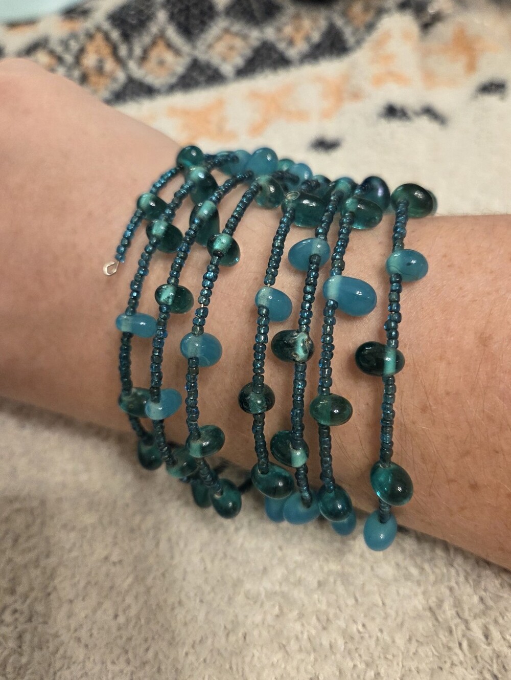 Teal Multi Strand Wire Wrap Bracelet Glass Bead Boho Cuff Stackable Jewelry